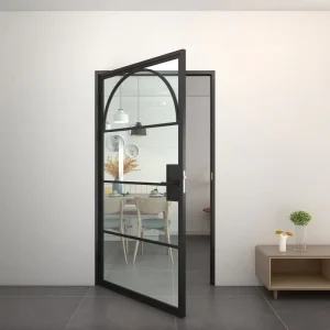 One-Piece Custom Loft Arched Steel and Fluted Glass Double Interior Swing French Door with Privacy Lock