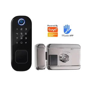 Outdoor Waterproof Smart Gate Rim Lock, Aluminum Alloy Electric Lock with Fingerprint, Memory Card and App Control, Grade C