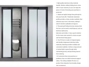 PD Folding Door with Slim Aluminum Frame and Tempered Glass for Small Bathroom Door Openings