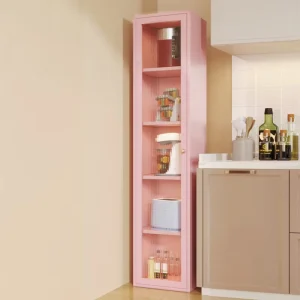 Pink Metal Bookcase with Single Door and Corrugated Glass Cupboard for Library, Kids’ Room, Living Room, Office, or Kitchen