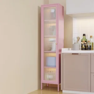 Pink Tall Metal Bookcase with Single Corrugated Glass Door and Legs
