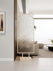Portable Art Design Floor-Standing Screen Partition, Drill-Free Installation, Tempered Glass Panel, Entryway Privacy Door