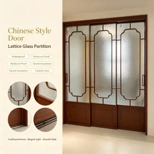 Puerta Corredera Madera Compuesta Lacada Nogal Oscuro Vidrio Estriado Estilo Chino Sala Estudio Villa Hotel Impermeable