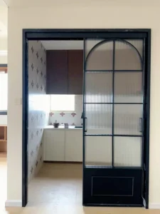 Quadruple Sliding Door, Aluminum Frame, Arched Grid, Fluted Glass Interior Room Divider