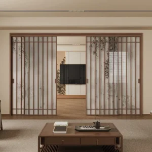 Retro Postmodern Sliding Door for Kitchen Balcony Living Room Partition with Grille Bamboo Shadow Glass