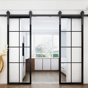 Rustic Black Steel Sliding Door Bottom Roller and Barn-Style French Door Panels