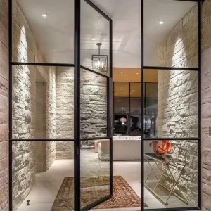 Rustic Gray Tempered Glass Aluminum-Framed French Steel Crittal Swing Door for Interior