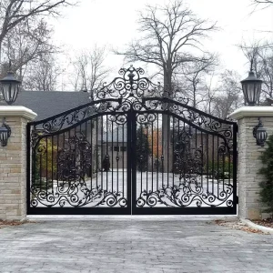 Simple Wrought Iron Swing Security Driveway Gate with Grill Design