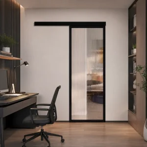 Sliding Glass Interior Door with Black Frame, Clear or Frosted Glass, Top-Cover Track