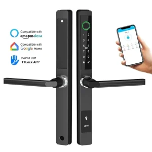 Slim Aluminum Alloy IP65 Waterproof Smart Door Lock with Fingerprint, Password, Card, Mechanical Key and App Control for Wood and Aluminum Doors