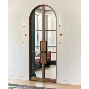 Slimline Style Arched Brass French Hinged Doors for Houses Interior Steel Swing Glass Doors with Grilles