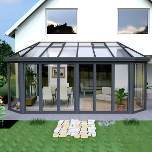 Sloped Roof Sunroom Aluminum Frame Glass Room with Sliding Doors