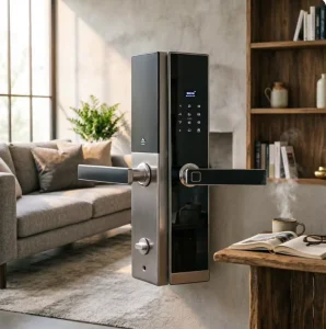 Smart Door Lock Zinc Alloy Square Fingerprint Sensor Password Key IC Card Access Built-In Doorbell