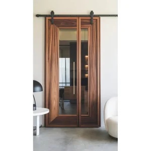 Solid Barn Door with Clear Glass Panel Sliding Door Black Metal Hardware and Farmhouse Room Partition