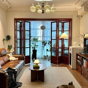 Solid Wood Folding Glass Door Partition with Hanging Rail