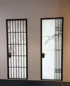 Song Dynasty Aesthetic Swing Doors Aluminum Grille Bathroom Door Customized New Chinese Style with Ink Wash Bamboo Decoration