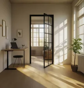 Soundproof Black Steel French Swing Glass Door with Handle for Front Entry