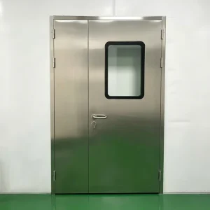 Stainless Steel Cleanroom Double Door with Unequal Leaves, Small Panel and Vision Window