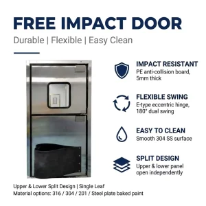 Stainless Steel Free Impact Door Split Upper Lower Panel E-Type Hinge 180° PE Bumper OEM Available