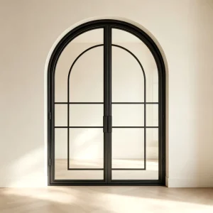 Steel Arched Glass Door with Grille Pattern Tempered Glass, Interior Decorative Metal Door