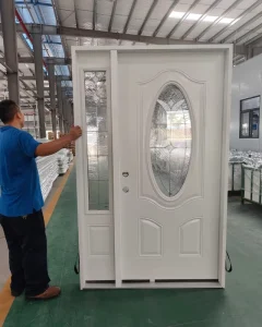 Steel Security Door Custom Thickness Waterproof Weather Resistant Energy Efficient Foam Core Wood Grain Texture Custom Glass