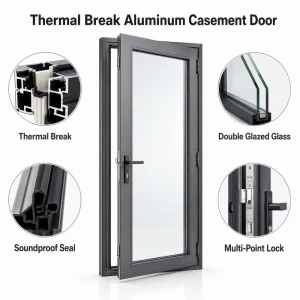 Thermal Break Aluminum Casement Door Exterior Double Glazed French Swing Entry Door with Tempered Glass for Apartment Bedroom