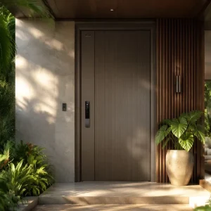 Thermal Break Aluminum Front Door Modern Contemporary Ribbed Vertical Panels Taupe Single Sound Thermal Insulation Water Entry