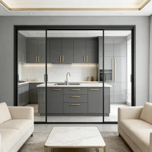 Ultra Narrow 3 Section Modern Double Glazing Tempered Glass Sliding Doors Kitchen Dining Partition Thermal Insulation