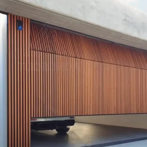 Vertical Bi-Folding Tilt-Up Sectional Garage Door with Deco Batten Slatted Aluminum Flush Mount