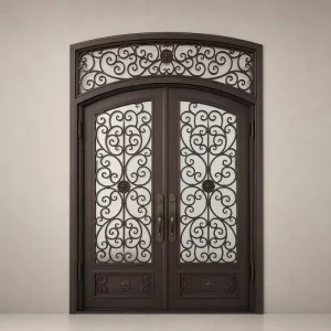 Vintage Scroll Pattern Arched Wrought Iron Double Entry Door With Transom Window