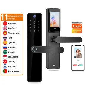 Waterproof Aluminum Alloy Keyless Fingerprint Recognition Smart Door Lock with Built-in Screen Camera