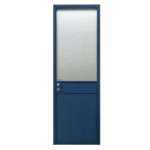 Waterproof Bathroom Dusty Blue Metal Door with Frosted Glass Panel Lock and Key Industrial Style Interior Door