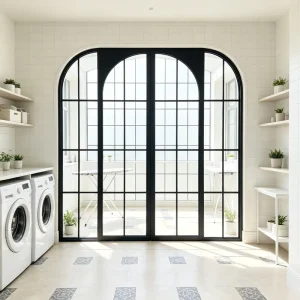 Waterproof Black Frame Arched Steel Grid Door Indoor Partition Double Tempered Glass Door for Home Use