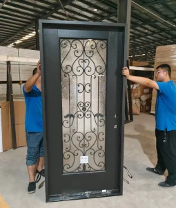 Waterproof Fiberglass Entry Door with Wrought Iron and Glass Easy Maintenance Security Door for Home