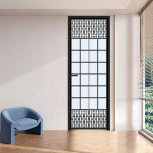 Black Narrow-Frame Tempered Glass Aluminum Interior Bathroom Door for Residential Projects