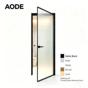 Waterproof Frosted Glass Bathroom Door with Black Aluminum Frame