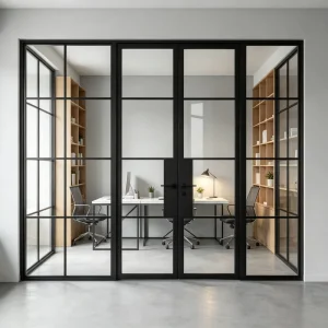Waterproof Modern Style Steel Metal Door Simple Grid Steel Tempered Glass Door for Family Decoration