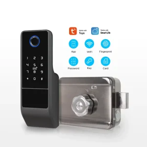 Waterproof WiFi App Fingerprint Electric Rim Door Lock with Key Card for Outdoor Gates and Front Doors