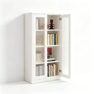 White Changhong Fluted Glass Double Door Bookcase Floor Standing Display Storage Bookshelf Cabinet for Indoor Living Study