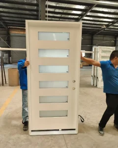 White Fiberglass Prehung Door, Brushed 6-Square Grille, Double Frosted Insulated Glass
