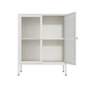 White Metal Sideboard Buffet Cabinet with 2 Glass Doors for Kitchen and Living Room Storage