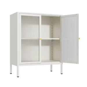 White Metal Storage Cabinet with 2 Glass Doors and Adjustable Shelves for Bedroom, Office, and Living Room