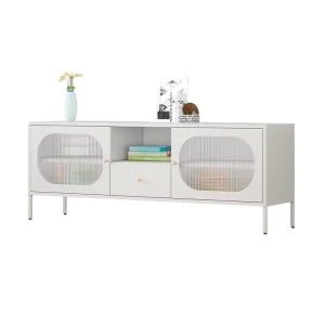 White Metal TV Stand with 2 Corrugated Glass Doors, 1 Drawer, and 4 Legs