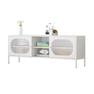 White Metal TV Stand with 2 Glass Doors, 4 Legs, and Storage Cabinet