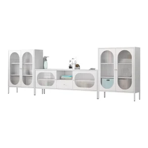 White Modular Metal TV Stand with 1 TV Cabinet and 2 Double-Door Glass Cabinets