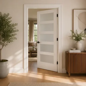 White Primed Frosted Glass Barn Door with 5-Lite Design