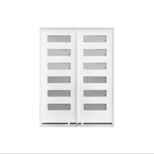 White Primed Modern Contemporary Fiberglass Entry Door 5 Horizontal Frosted Privacy Glass Insulated Front Exterior Door
