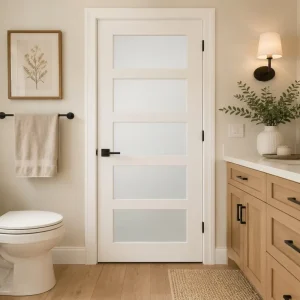 White Primed Modern Sliding Glass Door 5 Lite Frosted Glass Interior Bathroom Door for Home