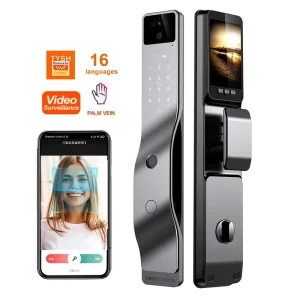 WiFi Face ID Biometric Smart Door Lock With Fingerprint Palm Recognition and Camera for Wooden Doors