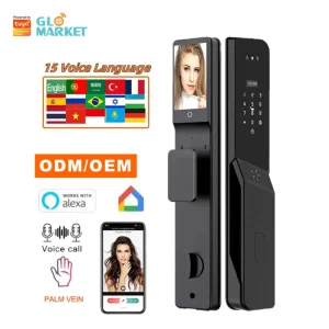 WiFi Face Recognition Smart Door Lock with Intercom, Camera and Palm Vein Unlock, for Wood Doors